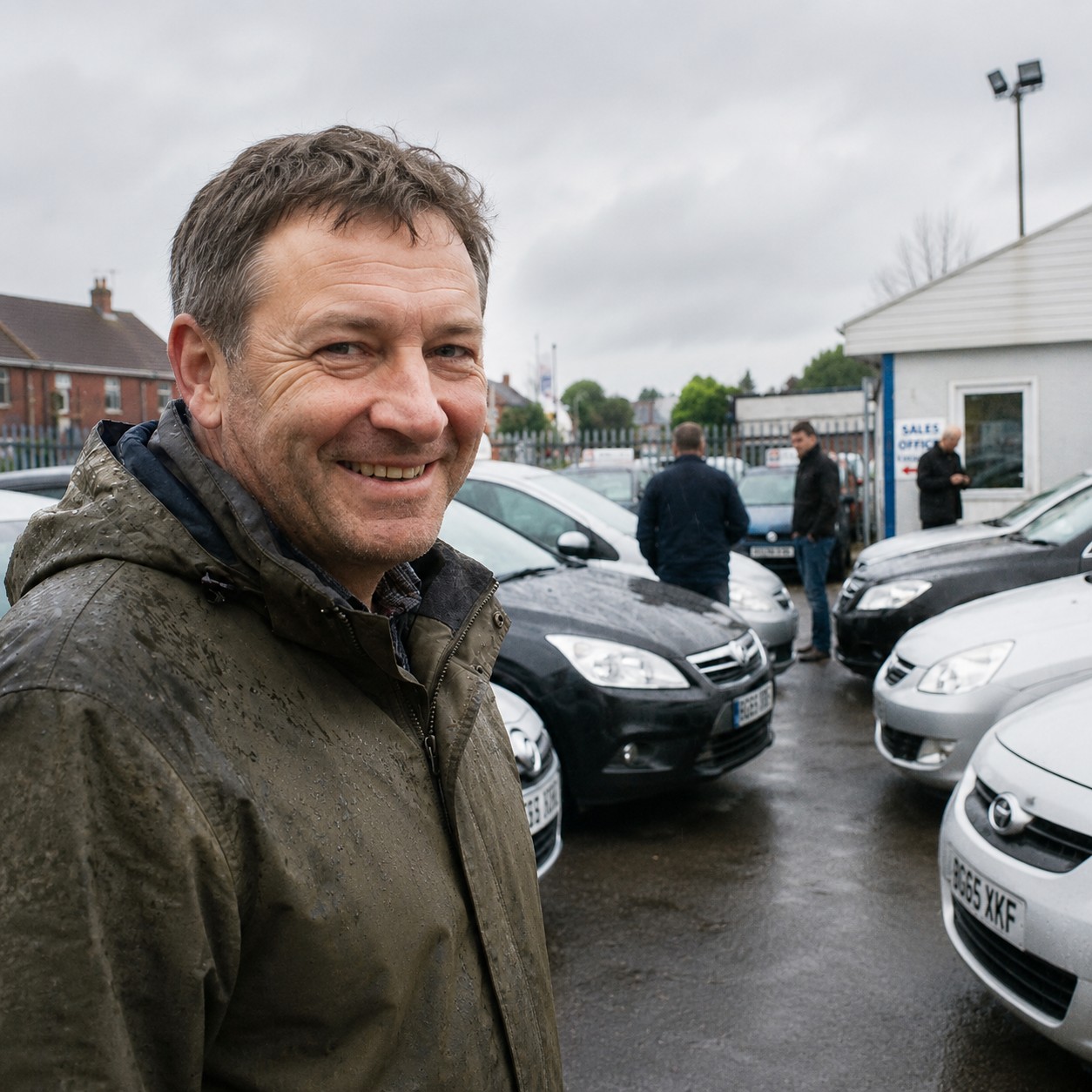 Smiling UK car dealership salesman supported by Settle